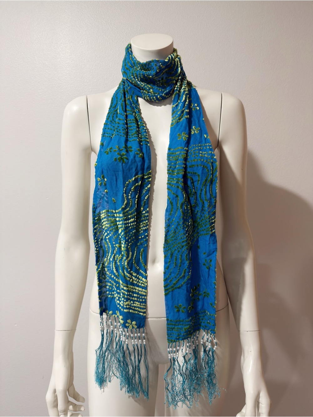Velvet Scarf Hand-Dyed Sky Blue Burnout Scarf: Silk Rayon Devore Beaded Fringe
